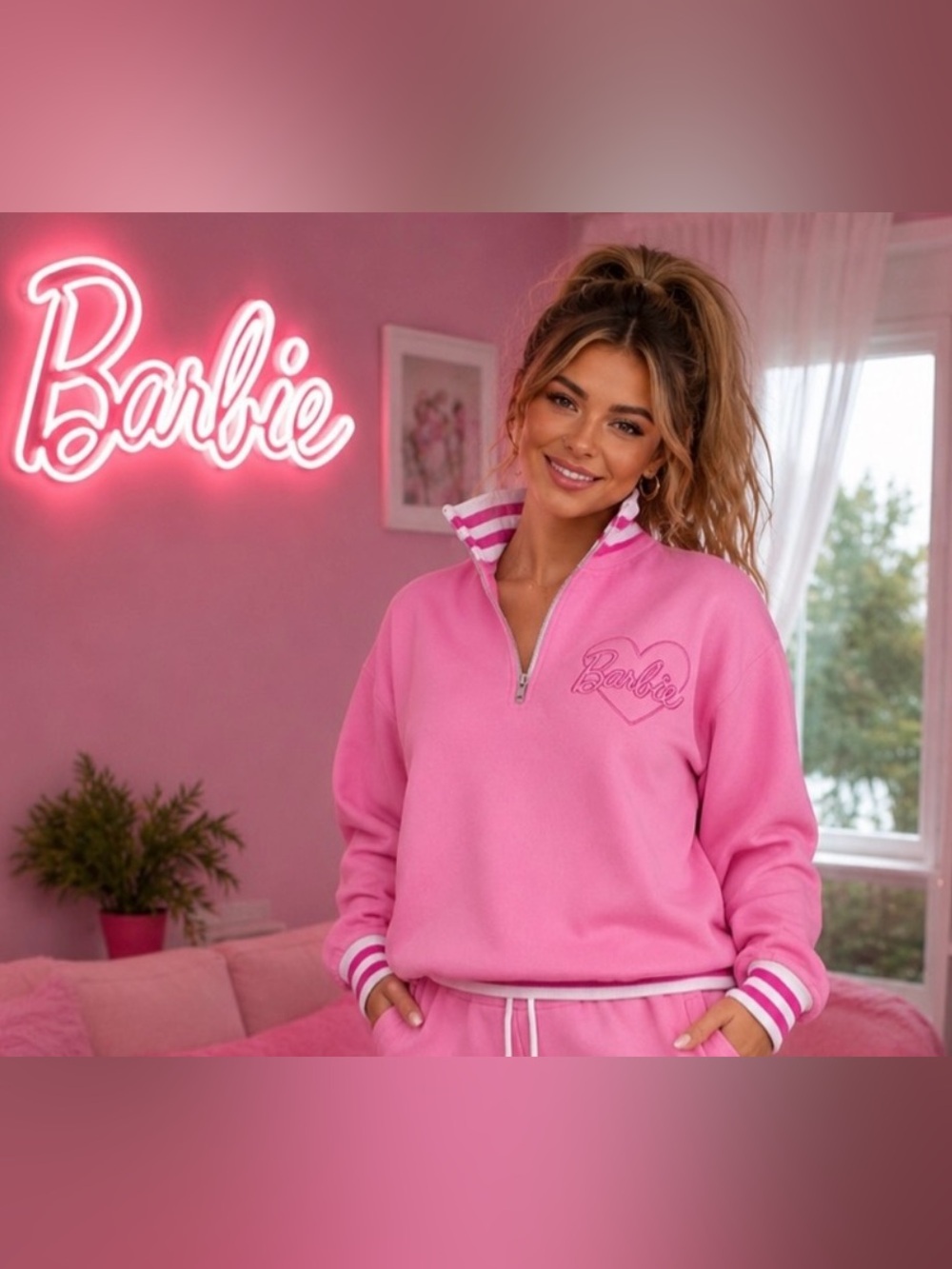 Barbie Pink Quarter-Zip Heart Logo Pullover